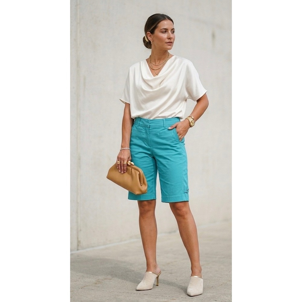 Cache Women's Size 10 Bermuda Shorts Teal Turquoise Stretch Cotton Casual Y2K